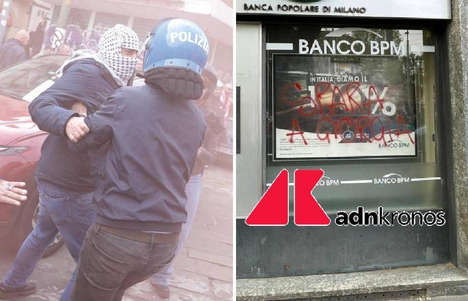 Procession pro-Palestine à Milan, affrontements entre les manifestants et la police. Écrit du choc `` pousses en giorgia ''