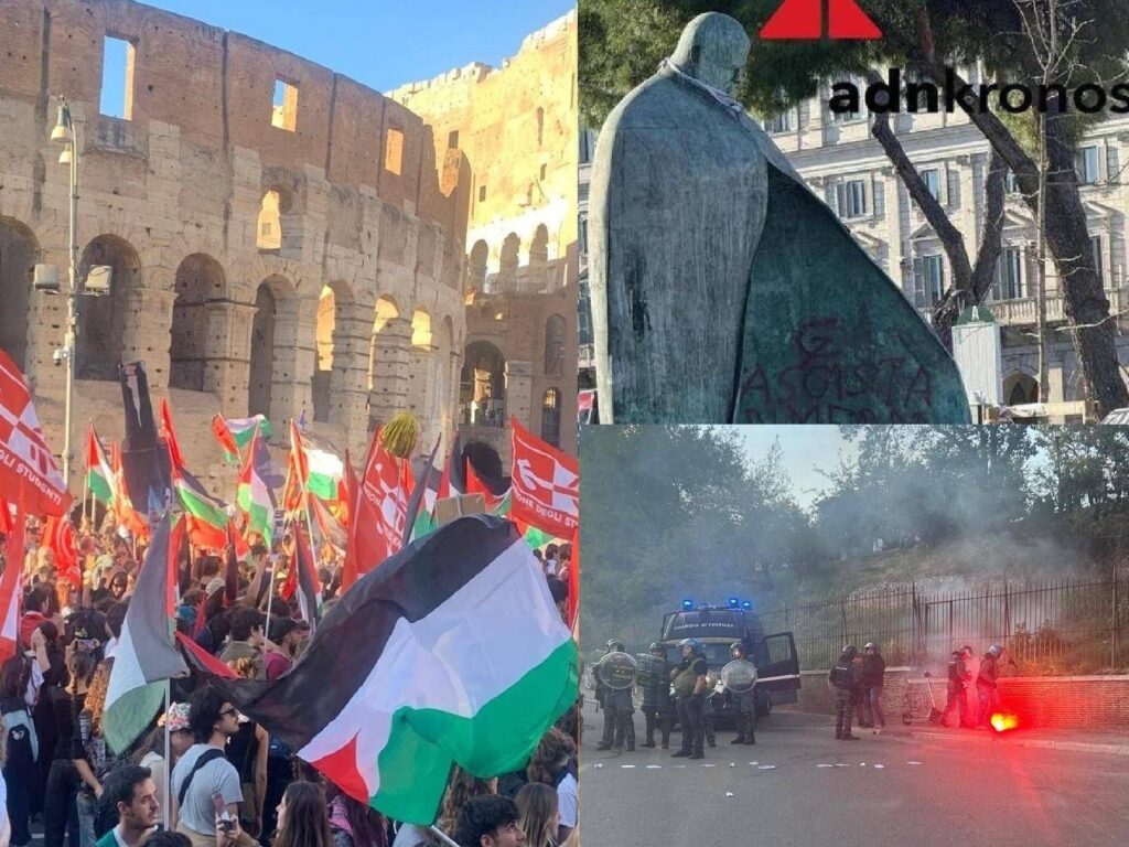 À Rome, démonstration pour Gaza: "Nous sommes un million". Scènes de guérilla entre les agences à capuchon et aux forces de l'ordre
