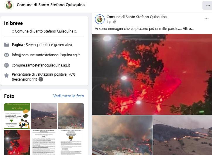 Agrigente, un vaste incendie atteint la ville de Santo Stefano Quisquina : 100 personnes évacuées