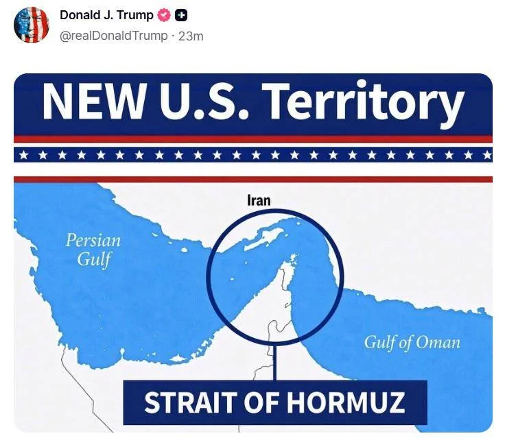 Trump publie une carte d'Ormuz : "Nouveau territoire américain". Peur aux Emirats : "Téhéran a lancé deux missiles balistiques contre notre territoire"